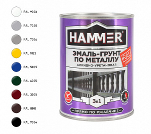 Эмаль-грунт по металлу 3в1 HAMMER RAL7004 сигнал. серый (0,9кг)